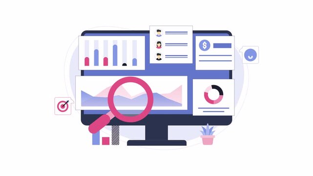 Analytics dashboard animation vector magnifying glass for data analysis. Suitable for business presentations and technology concepts.