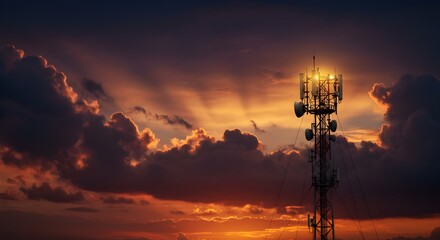 Modern 5G Infrastructure &ndash; Tower Network with Digital Data Streams for Telecom Ads, Tech Keynotes & Smart City Editorial Visuals (Futuristic, Glowing)