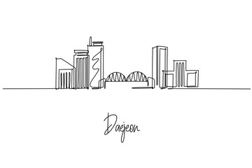 Daejeon South Korea skyline in a single line drawing featuring Expo Bridge Daejeon Convention Center and Hanbat Arboretum, a skyline concept themed for travel posters minimalist decor and wall art.
