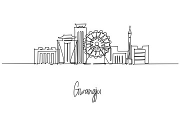 Gwangju South Korea city skyline in a single line drawing with Asia Culture Center World Cup Stadium and ferris wheel, a skyline concept themed for travel posters minimalist decor and modern wall art.