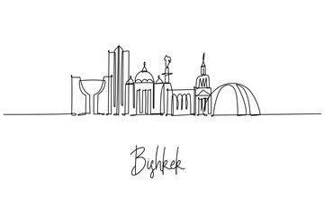Obraz premium Bishkek Kyrgyzstan city skyline in a continuous line drawing with Ala Too Square Victory Square State History Museum and towers, a city skyline concept themed for travel posters and minimalist decor.