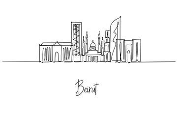 Naklejka premium Beirut Lebanon city skyline in a continuous line drawing featuring Mohammad Al Amin Mosque Martyrs Square and towers, a concept themed for Middle East travel posters minimalist decor and wall art