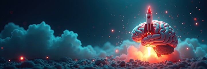 A brain with a rocket launching into the clouds.
