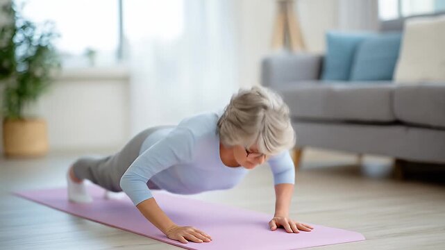 Active senior woman doing push-ups on a mat in her living room