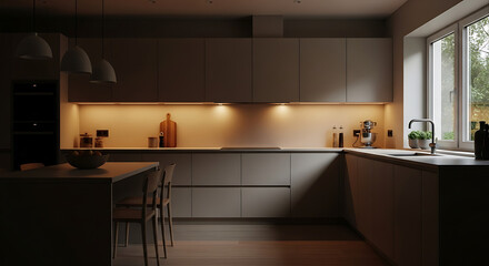 Contemporary kitchen interior with minimalist dark grey cabinets and warm evening light.