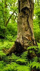 Ancient Tree Trunk with Textured Bark Amidst Lush Green Ferns in a Vibrant Forest