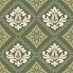 Elegant Damask Wallpaper in Olive Green