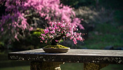 Art of Bonsai: A Miniature Pink Blossom Tree on a Rustic Stone Pedestal