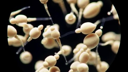 Yeast cells budding under microscope vision