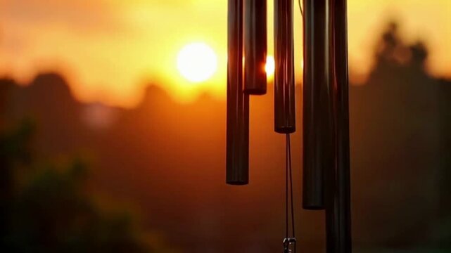 Wind chimes swaying gently in sunset light with rhythmic metal clinks