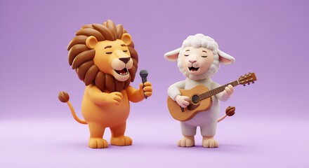 Cartoon lion and lamb singing and playing music