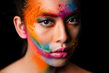 Obraz premium Artistic Portrait of a Woman with Vibrant Face Paint in a Spectrum of Colors Creating a Bold and Expressive Statement for Beauty and Creative Expression