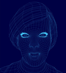 A 3D wireframe of a female head displays intricate lines and geometric shapes forming realistic facial features on a blue background. The digital mesh highlights contours and structure with precision.