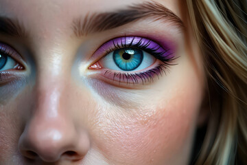 Fototapeta premium Captivating Eye Close Up A Mesmerizing Gaze Enhanced with Subtle Purple Eyeshadow and Flawless Skin A Study in Beauty and Detail A Stunning Visual