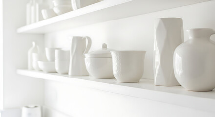 Minimalist White Ceramic Kitchenware and Decor on Clean Shelves.