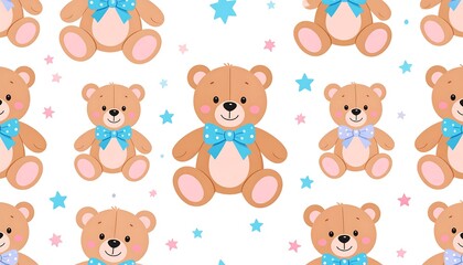 Charming seamless pattern of cartoon teddy bears with bows and star sprinkles