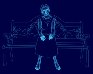 A thoughtful grandma sits on a wooden bench with her hands clasped, wearing a simple dress and her hair pulled back. The deep blue background highlights her gentle contour.