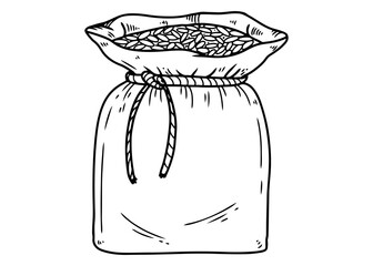 Hand drawn vector cartoon set with food icons, including a sack filled with rice grains.