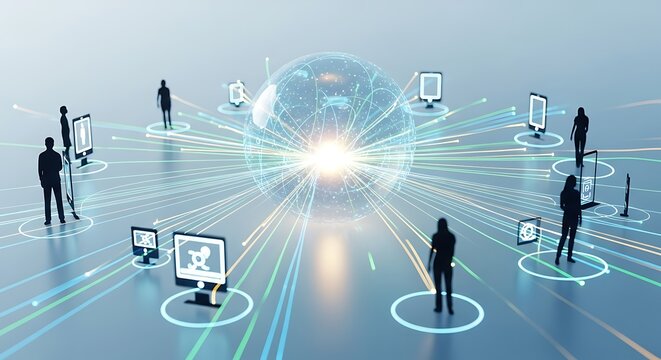 Global network of people connected by technology and data streams radiating from a central point - Powered by Adobe