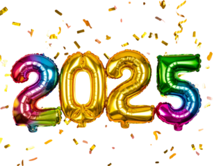 Bright Multicolor Balloon Numbers “2025” with Confetti Explosion, Isolated PNG (2)