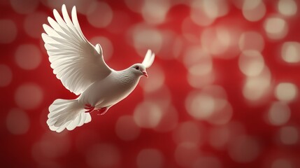 Fototapeta premium White dove flying with blurred red background, bird flying to heaven
