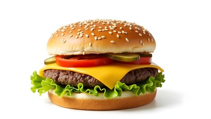 Classic Cheeseburger with a Toasted Sesame Seed Bun and Fresh Vegetables, Single Cheeseburger with Tomato, Pickles, and Crisp Lettuce, American Hamburger with a Golden Bun on a Clean White Background
