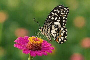 Naklejka premium Delicate Butterfly on a Vibrant Flower: A black and white butterfly gracefully rests on a brightly colored zinnia, poised amidst a soft green backdrop.