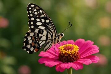 Naklejka premium A Butterfly's Embrace: A vibrant butterfly rests gently on a vivid pink flower, showcasing nature's intricate beauty and the delicate balance of life.