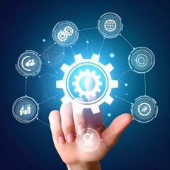 Hand touching digital gear icons