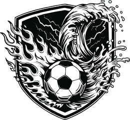 A dynamic black and white sports emblem featuring a soccer ball engulfed by flames and a crashing wave, set against a shield with lightning bolts.