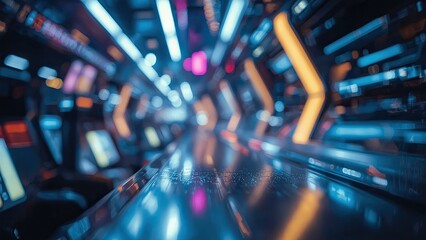 Fototapeta premium Futuristic tunnel walkway with glowing lights and displays.