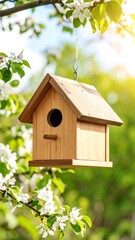 Birdhouse hanging in blooming spring tree