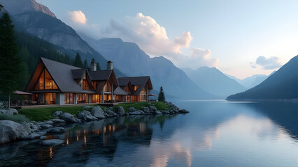 Fototapeta premium Luxurious Mountain Village Homes Lakeside Evening Twilight Calm Blue Water Modern Architecture A Frame Design Rocky Shoreline Tranquil Scene Serene Atmosphere