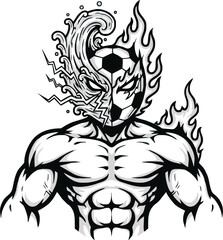 A stylized illustration of a muscular figure with a soccer ball head, half engulfed in flames and the other half in water.