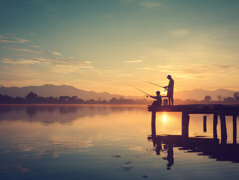 Enjoy peaceful moments fishing with family at scenic sunrise lake location, creating lasting memories together