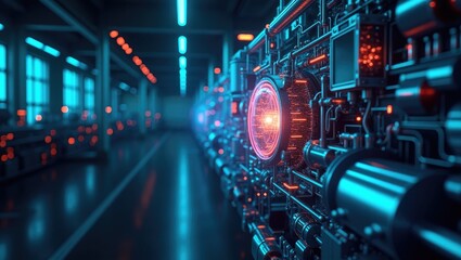 Obraz premium Futuristic factory wall with glowing technological components.