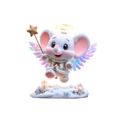 Adorable Baby Elephant Angel with Wings and Star Wand on Winter Scene