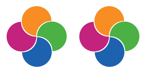 This vector illustration features two colorful abstract logos that resemble flowers, composed of overlapping circles. Each petal segment is filled with bright colors.