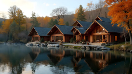 Fototapeta premium Secluded Lakeside Village Featuring Four Rustic Wooden Cabins with Dark Gray Roofs Reflected in Calm Water Surrounded by Autumnal Trees and Rocks