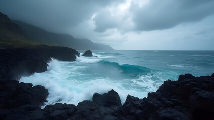 Obraz premium Dramatic Teal Waves Crashing Against Dark Volcanic Rocks Under a Stormy Gray Sky Coastal Landscape