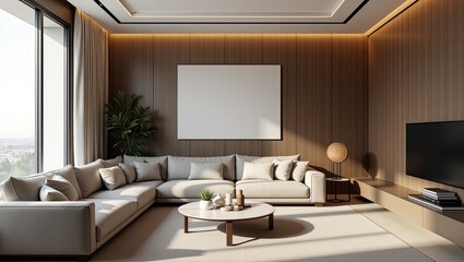 Modern living room interior design with a wooden wall.