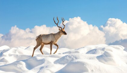 Reindeer walking on snowy landscape with against blue sky.