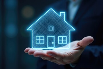 A glowing house icon held in a hand.