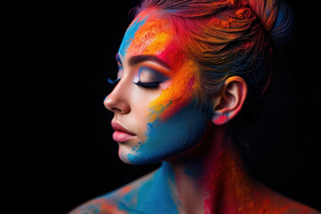 Artistic Portrait of a Woman with Vibrant Blue, Orange, and Red Body Paint for a Bold and Expressive Look Against a Dark Background in a Studio Setting