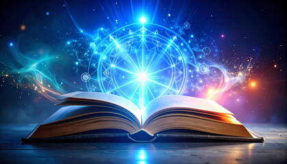 Open book glowing light magic