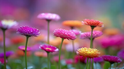 A softly focused image captures a colorful field of flowers with a variety of pink, purple, orange, and white blossoms