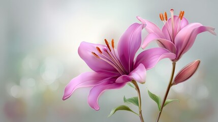 Fototapeta premium Pink lily flowers are set against a blurred light background