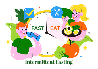 Naklejka premium Intermittent Fasting Vector Illustration featuring a Clock Face Symbolizing the Principle of Eating Time and Exercise in a Dieting Flat Background