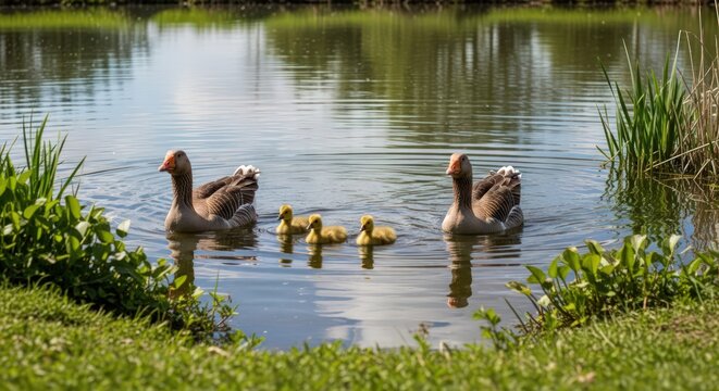 Greylag Goose Family Swimming in a Calm Pond with Reflections on a Sunny Day