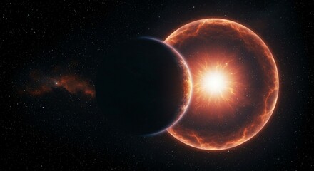Naklejka premium Glowing nebula surrounding a forming sphere planet, a scene of deep space exploration.